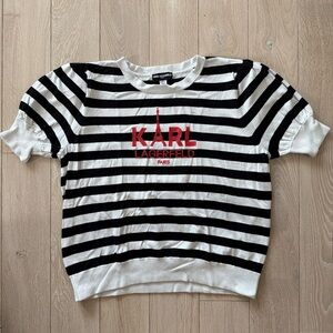 Karl Lagerfeld Embroidered Striped Knit Top in Black & White Size XL